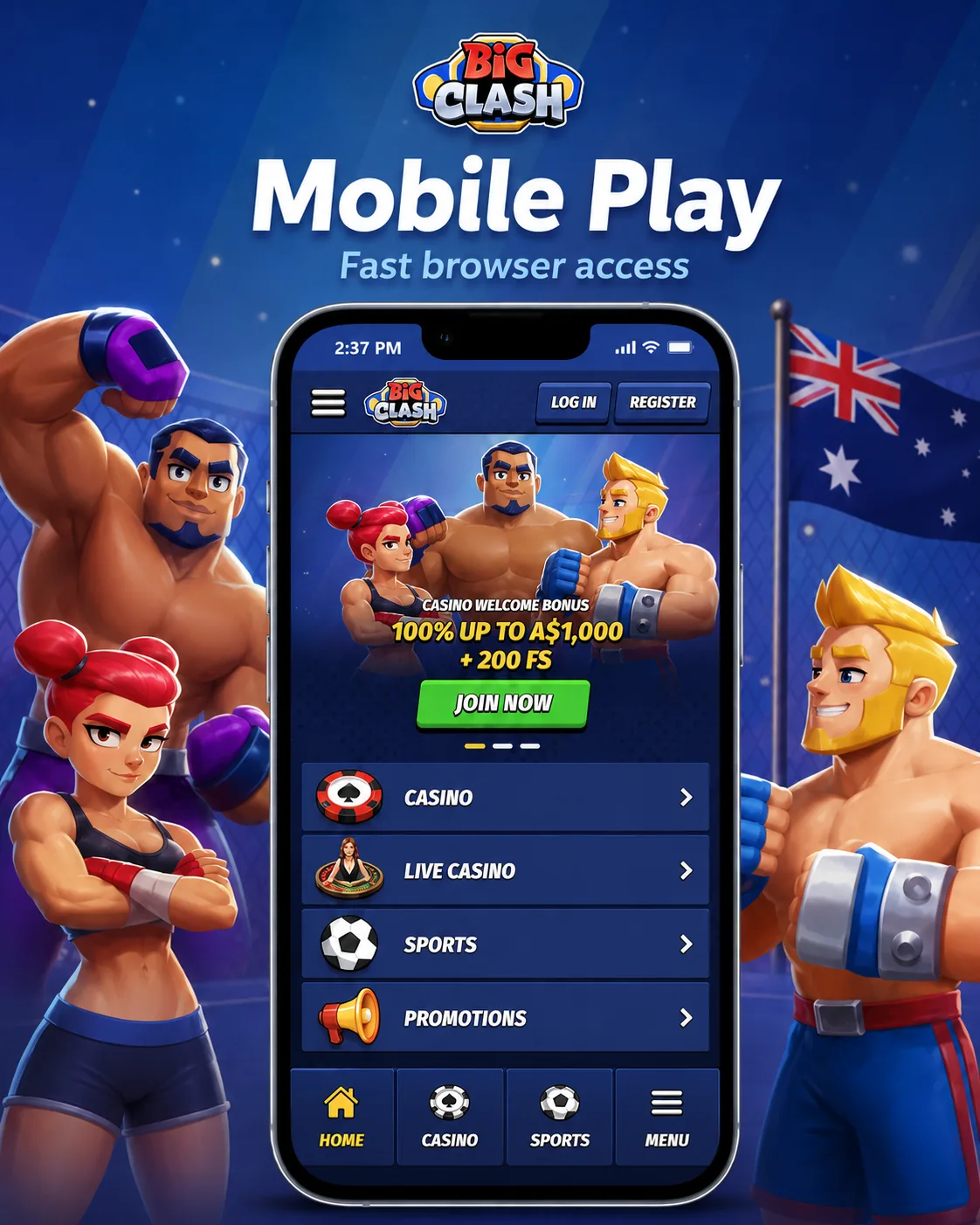 BigClash Australia mobile browser access on a smartphone