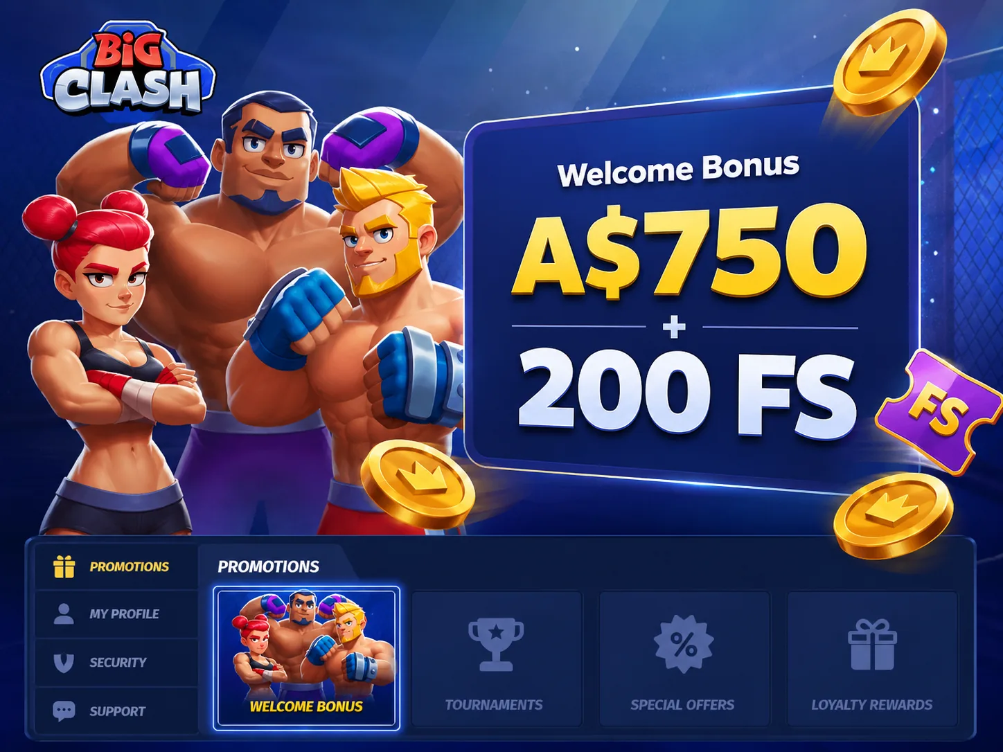 BigClash Australia welcome bonus with A$750 and 200 free spins
