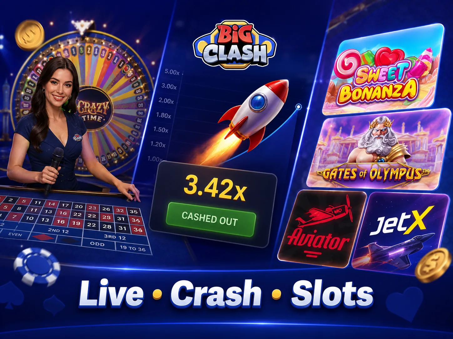 BigClash live casino, crash games and slot selection