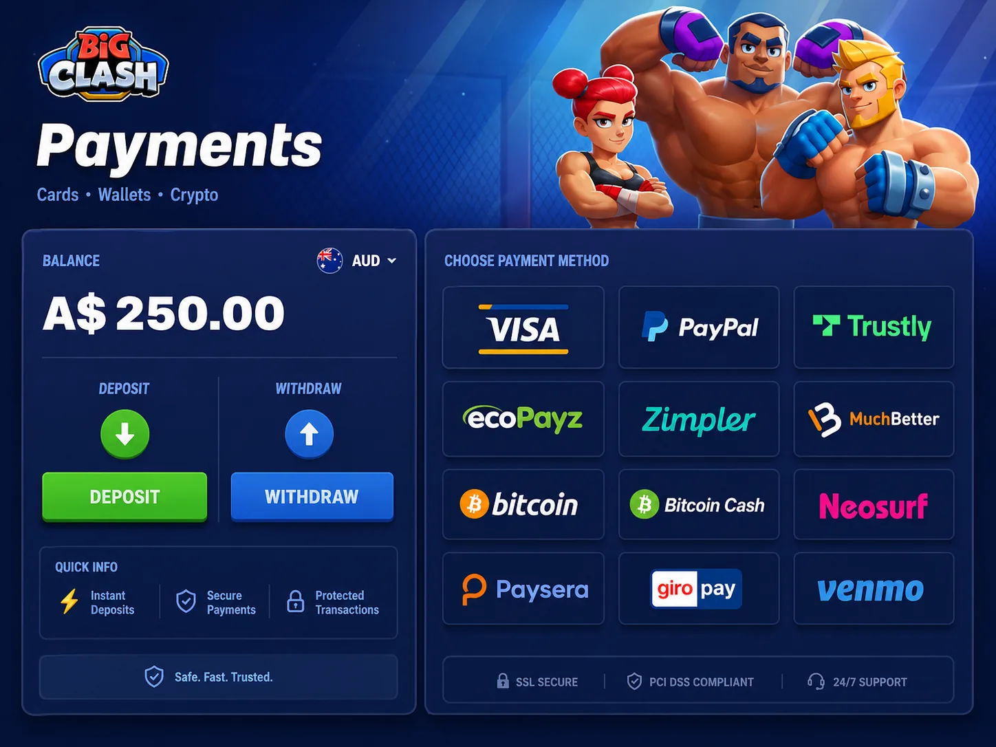 BigClash Australia cashier with cards, wallets and crypto methods